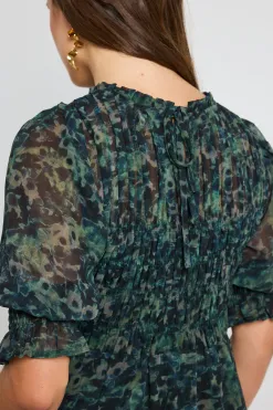 Ivy + Jack Showcase Khaki Ditsy Print Georgette Puff Sleeve Tiered Maxi Dress