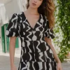 Stories be Told Sicily Black Wave Print Short Sleeve Mini Dress