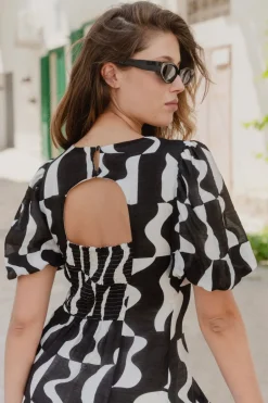 Stories be Told Sicily Black Wave Print Short Sleeve Mini Dress