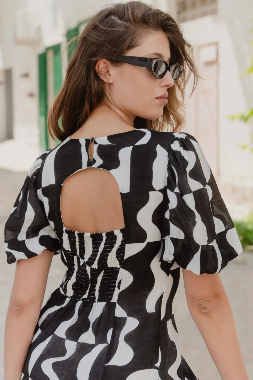 Stories be Told Sicily Black Wave Print Short Sleeve Mini Dress