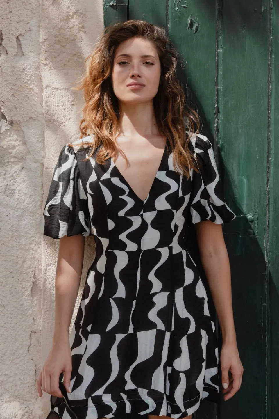 Stories be Told Sicily Black Wave Print Short Sleeve Mini Dress