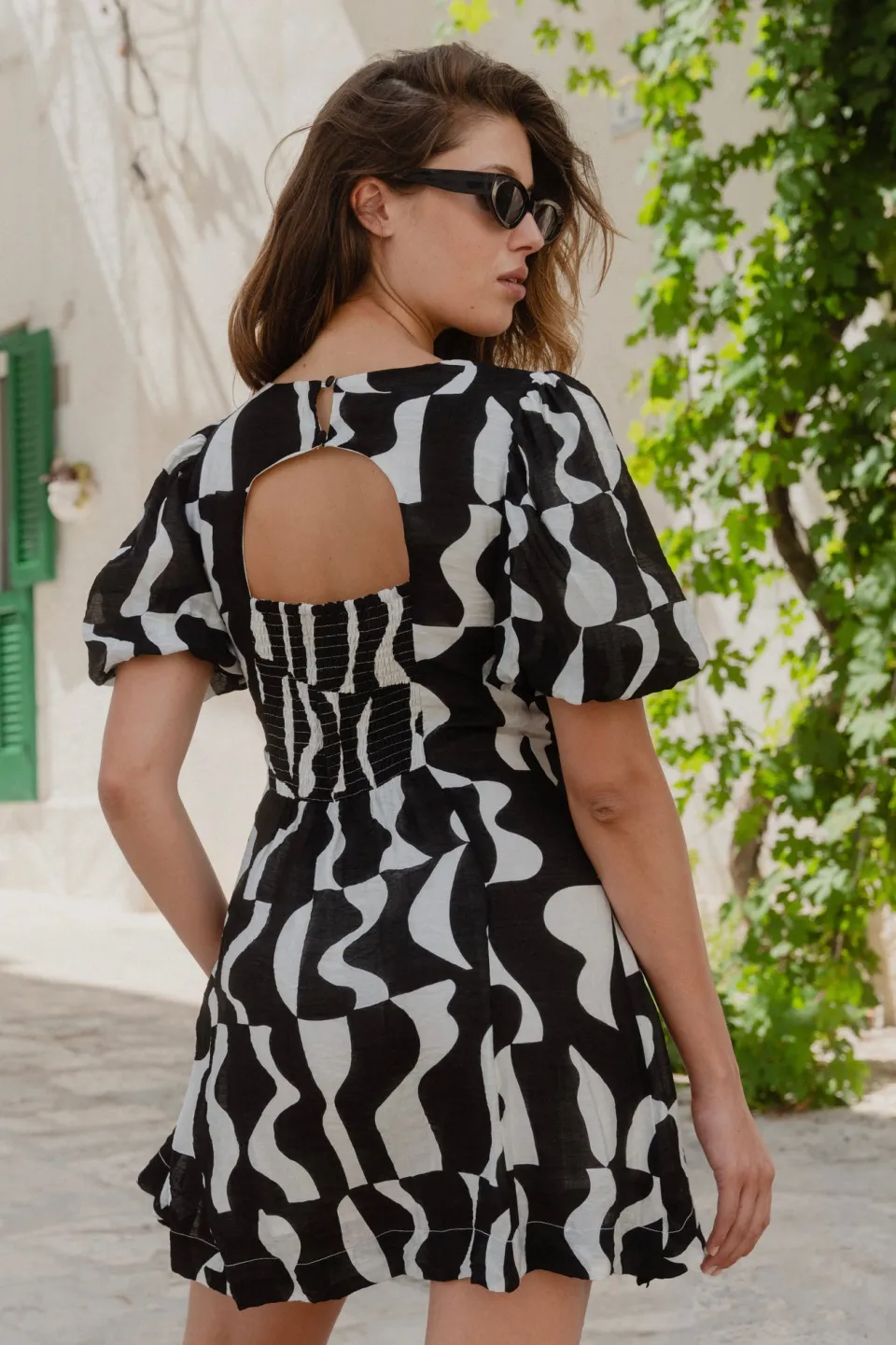 Stories be Told Sicily Black Wave Print Short Sleeve Mini Dress