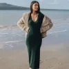 Among the Brave Skillful Forest Rib Knit LS V Neck Midi Dress