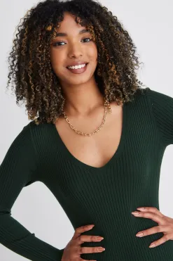 Among the Brave Skillful Forest Rib Knit LS V Neck Midi Dress