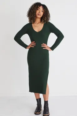 Among the Brave Skillful Forest Rib Knit LS V Neck Midi Dress