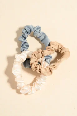 Love Lulu Small Blue White Beige Set of 3 Scrunchies