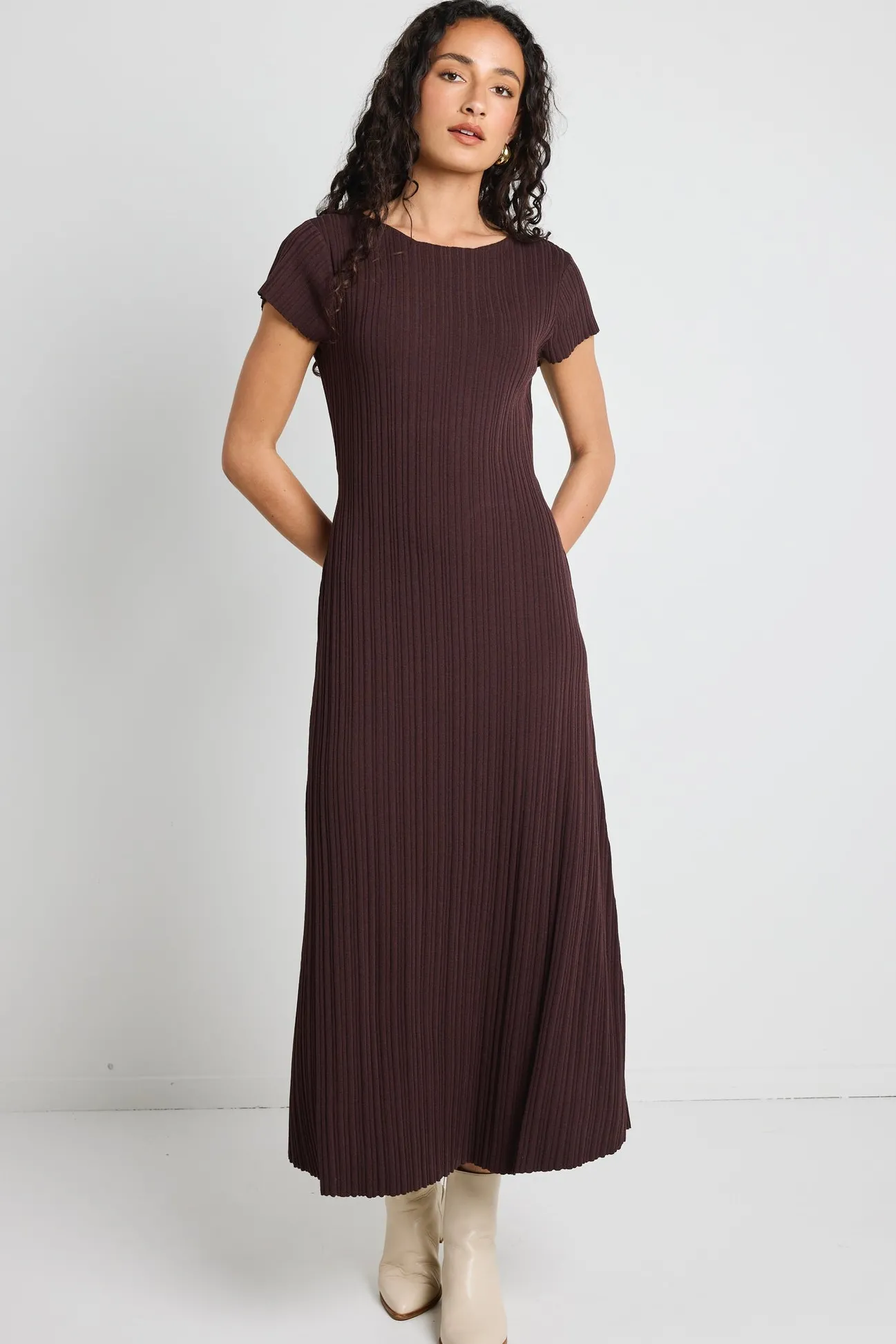 Among the Brave Smoulder Chocolate Boat Neck Rib Knit Maxi Dress