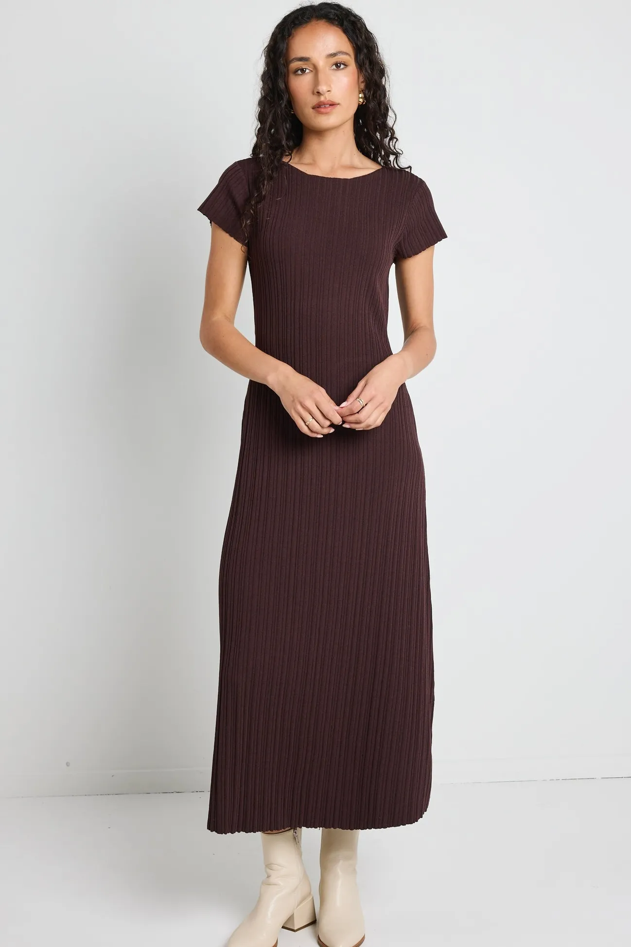 Among the Brave Smoulder Chocolate Boat Neck Rib Knit Maxi Dress