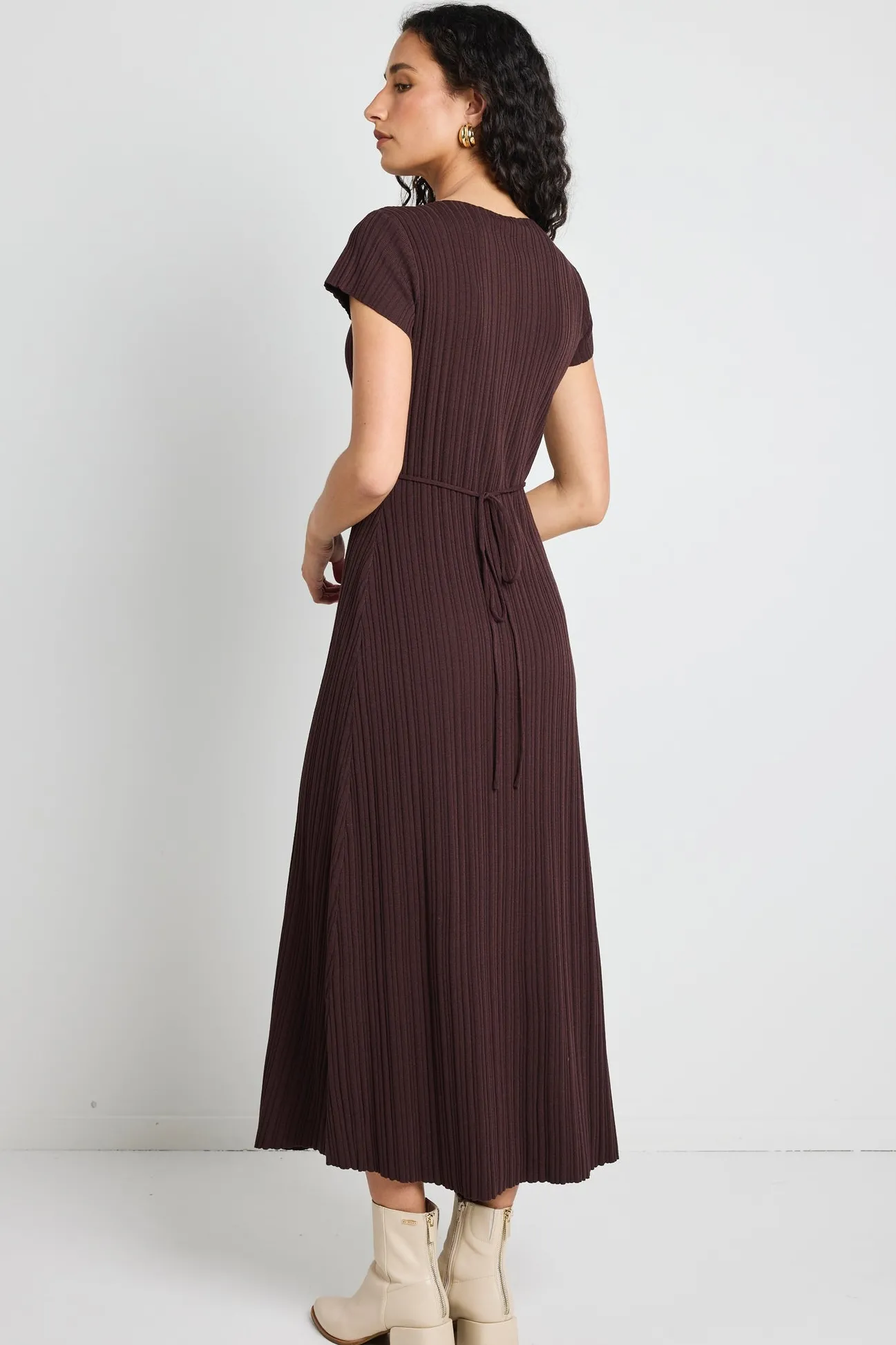 Among the Brave Smoulder Chocolate Boat Neck Rib Knit Maxi Dress