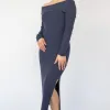Among the Brave Sophie Navy Marle Off Shoulder Rib Knit Midi Dress