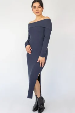 Among the Brave Sophie Navy Marle Off Shoulder Rib Knit Midi Dress