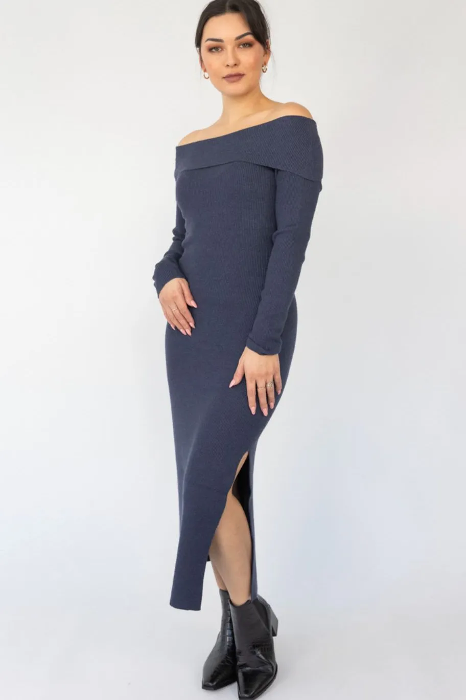 Among the Brave Sophie Navy Marle Off Shoulder Rib Knit Midi Dress