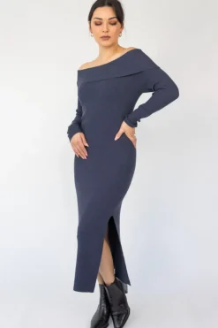 Among the Brave Sophie Navy Marle Off Shoulder Rib Knit Midi Dress