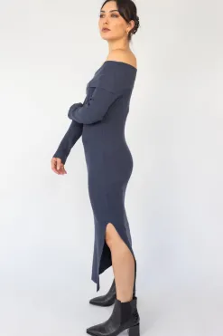 Among the Brave Sophie Navy Marle Off Shoulder Rib Knit Midi Dress