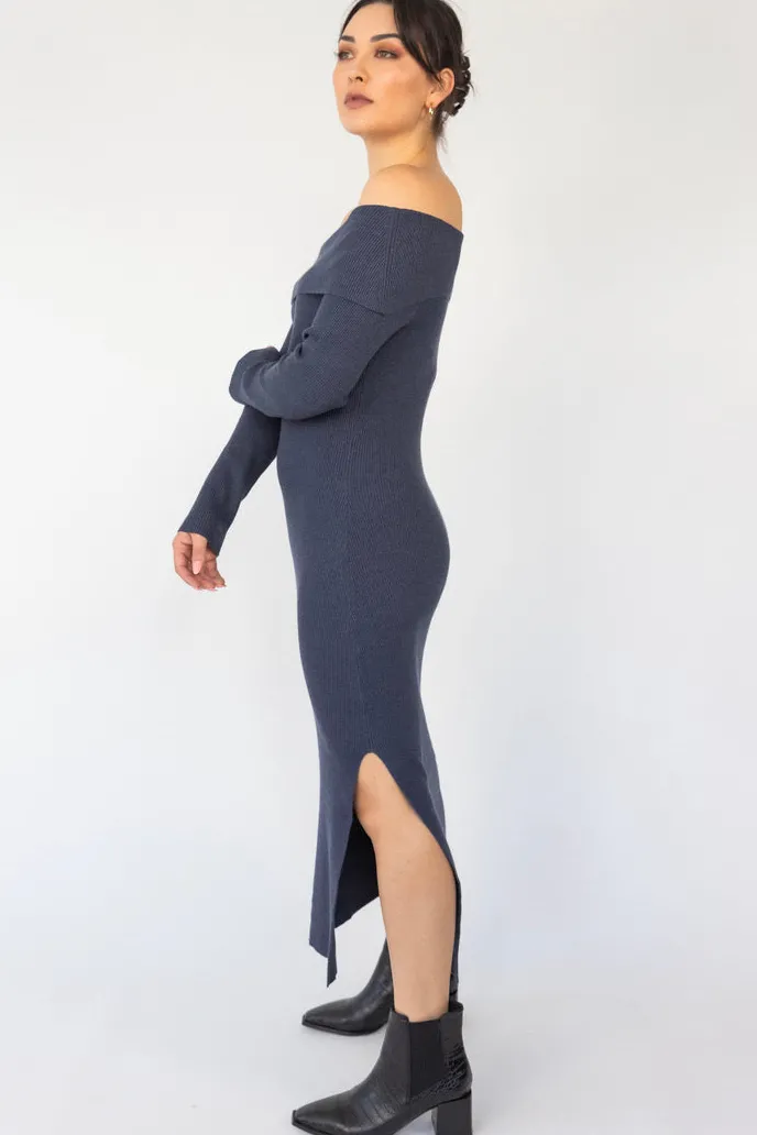 Among the Brave Sophie Navy Marle Off Shoulder Rib Knit Midi Dress