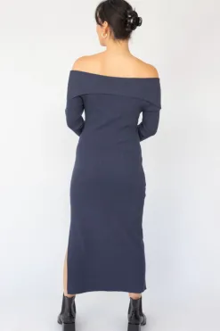 Among the Brave Sophie Navy Marle Off Shoulder Rib Knit Midi Dress