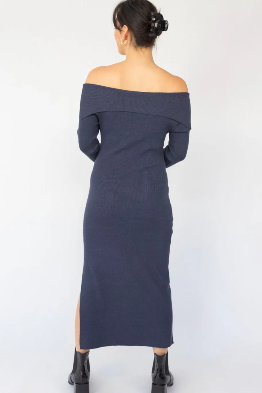 Among the Brave Sophie Navy Marle Off Shoulder Rib Knit Midi Dress