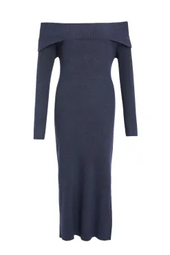 Among the Brave Sophie Navy Marle Off Shoulder Rib Knit Midi Dress