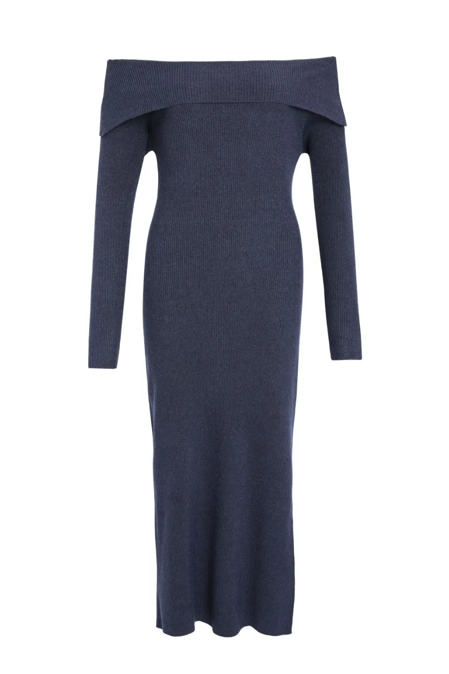 Among the Brave Sophie Navy Marle Off Shoulder Rib Knit Midi Dress
