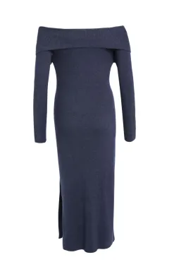 Among the Brave Sophie Navy Marle Off Shoulder Rib Knit Midi Dress