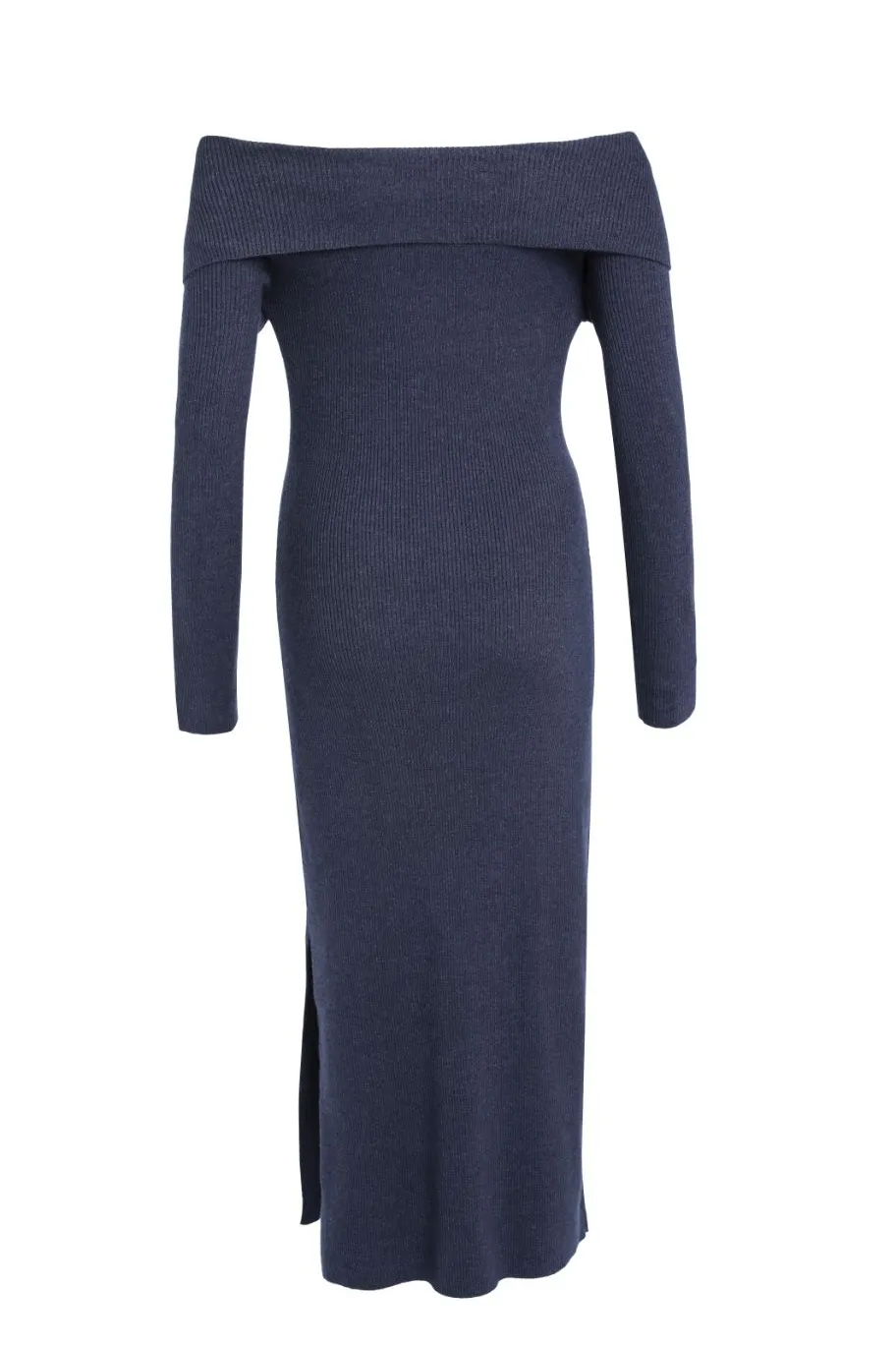 Among the Brave Sophie Navy Marle Off Shoulder Rib Knit Midi Dress