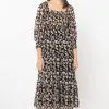 Seeking Lola Soulful Orange Lily Shirred Bodice LS Tiered Midi Dress