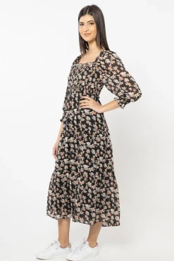 Seeking Lola Soulful Orange Lily Shirred Bodice LS Tiered Midi Dress