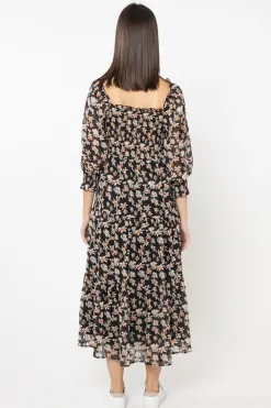 Seeking Lola Soulful Orange Lily Shirred Bodice LS Tiered Midi Dress