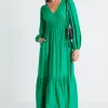 Among the Brave Spark Palm Green Textured LS Deep V Midi Dress