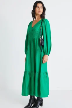 Among the Brave Spark Palm Green Textured LS Deep V Midi Dress