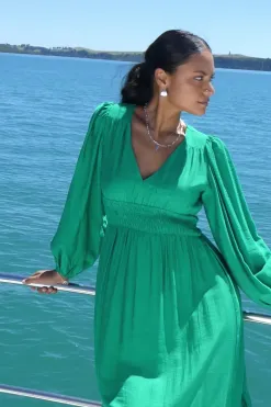 Among the Brave Spark Palm Green Textured LS Deep V Midi Dress