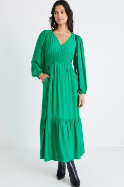 Among the Brave Spark Palm Green Textured LS Deep V Midi Dress