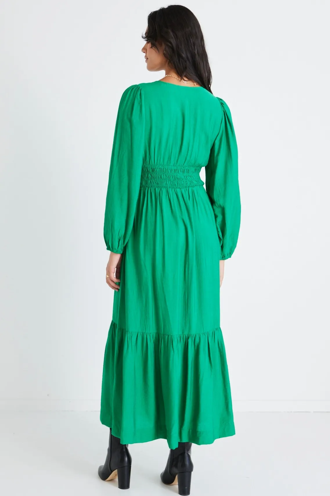 Among the Brave Spark Palm Green Textured LS Deep V Midi Dress