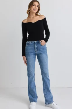 Georgia Mae Spirit Black LS Rib Knit Off-shoulder Top