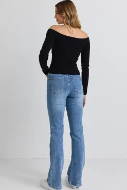 Georgia Mae Spirit Black LS Rib Knit Off-shoulder Top