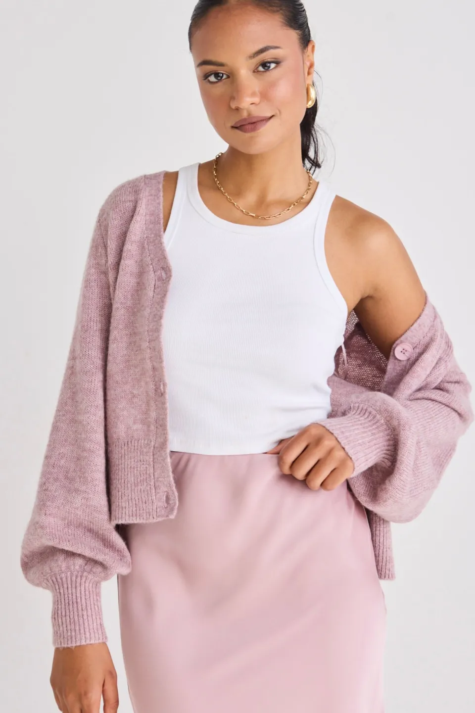 Among the Brave Spirited Pink Fusion Balloon Sleeve Cropped Cardigan