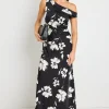 Stories be Told Spotlight Black Floral Satin Off Shoulder Flare Midi Dress