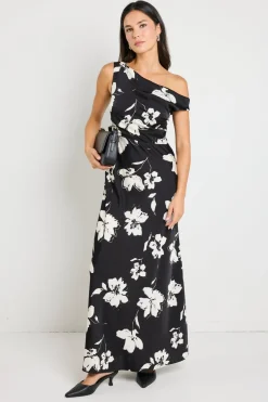 Stories be Told Spotlight Black Floral Satin Off Shoulder Flare Midi Dress