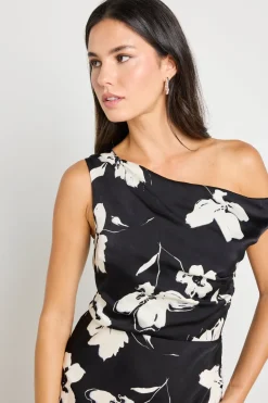 Stories be Told Spotlight Black Floral Satin Off Shoulder Flare Midi Dress