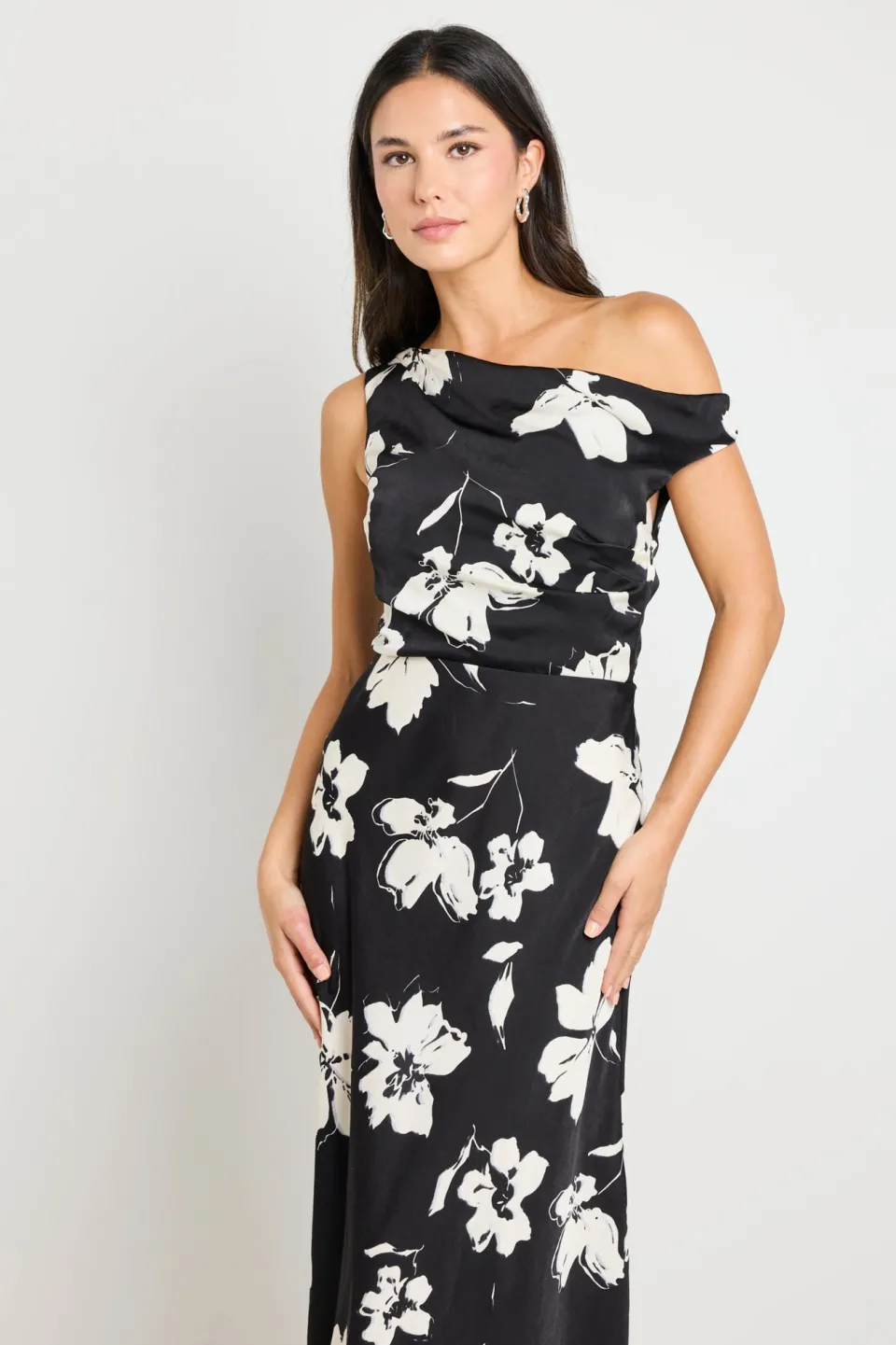 Stories be Told Spotlight Black Floral Satin Off Shoulder Flare Midi Dress