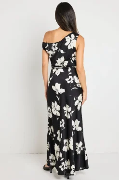Stories be Told Spotlight Black Floral Satin Off Shoulder Flare Midi Dress