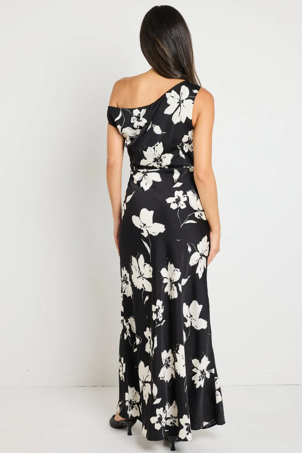 Stories be Told Spotlight Black Floral Satin Off Shoulder Flare Midi Dress