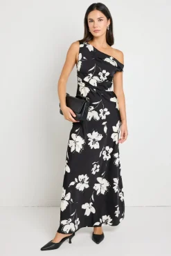 Stories be Told Spotlight Black Floral Satin Off Shoulder Flare Midi Dress