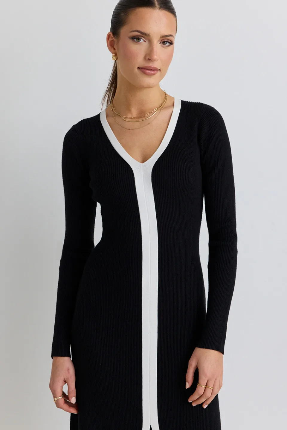 Stories be Told Spree Black and White V Neck Rib Knit Maxi Dress
