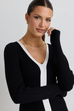 Stories be Told Spree Black and White V Neck Rib Knit Maxi Dress