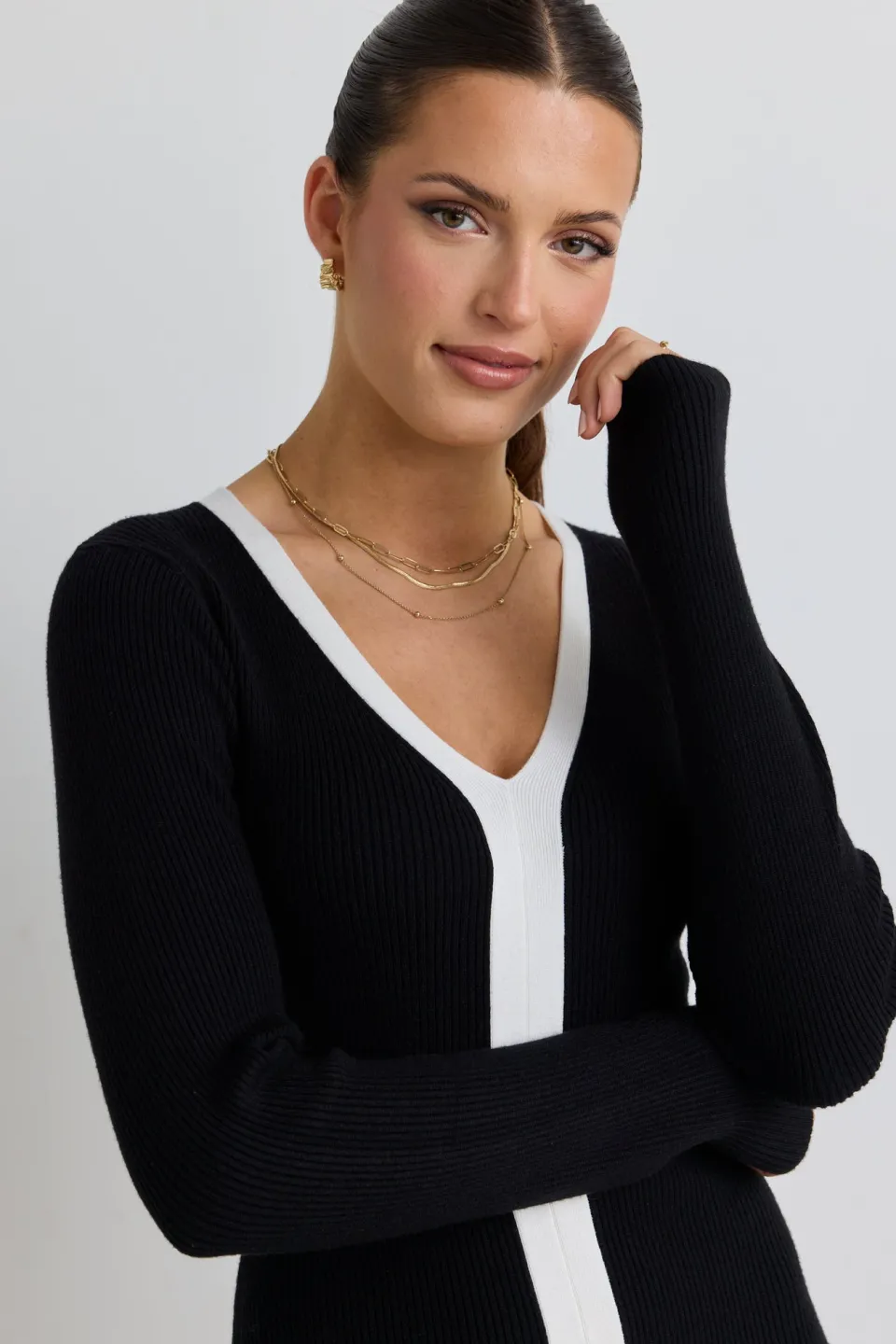 Stories be Told Spree Black and White V Neck Rib Knit Maxi Dress