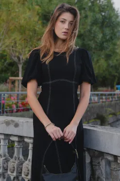 Stories be Told State Black Linen Blend SS Midi Dress