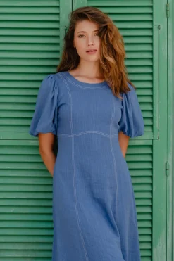 Stories be Told State Lake Blue Linen Blend SS Midi Dress