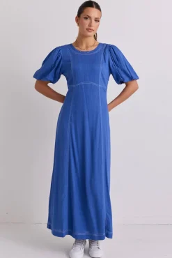 Stories be Told State Lake Blue Linen Blend SS Midi Dress