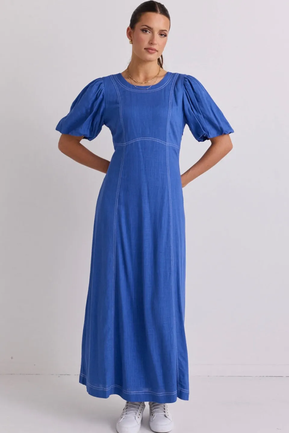 Stories be Told State Lake Blue Linen Blend SS Midi Dress